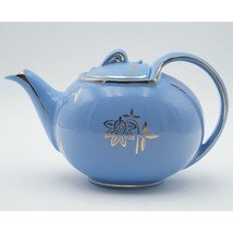 Vintage Hall 0749 6-Cup Hook Cover Teapot &amp; Lid Blue, Gold Motif - £31.54 GBP