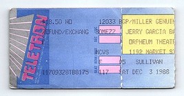 Jerry Garcia Band Concert Ticket Stub December 3 1988 San Francisco California - £37.84 GBP