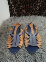 Clarks Blue Brown Basket Leather open Toe Sandals Size 5.5 5 1/2 Heels Summer - £10.82 GBP