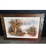 Oil Painting Canvas Cabin Fall Winter River Landscape Scene Signed 30.5&quot;... - $395.11