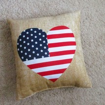 Heart-Shaped American Flag Decorative Throw Pillow Faux Burlap Rustic Pa... - $14.85
