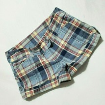 Y2K Plaid Shorts Cuffed JR 3 Vtg Blue Red Low Rise Stretch Hot Pants Tracy Evans - £23.26 GBP