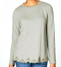 J Jill Top XL Gray Pullover Shirt NEW Cotton Embroidered Hem Relax May F... - $69.00