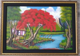 Framed Original Painting Countryside Flamboyant Tree Raised Trunk 3D Signed 2007 - £237.04 GBP