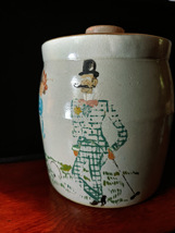 Old Crock with lid Handpainted with a Victorian Couple Playing Croquet  image 3