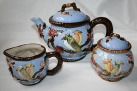 Vintage Sky Blue Cockatiel Tea Pot, Creamer &amp; Sugar - $125.00