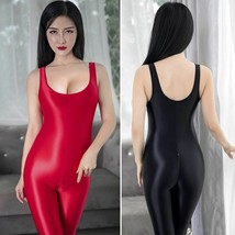  Sexy Oil Shiny Seamless Tight Bodysuit See Through Zipper Open Crotch Jumpsuit - £14.14 GBP+
