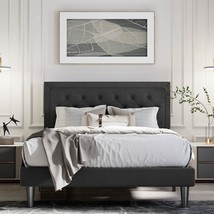 Queen Black Linen Upholstered Platform Bed Frame with Button-Tufted Headboard - $8,480.99 MXN