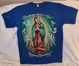 Virgin Mary Bless Us From Heaven Holy Guadalupe Rose Dove Pray Blue T-SHIRT - £8.82 GBP