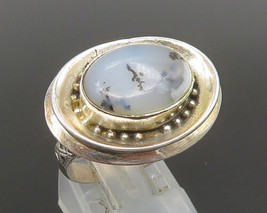 925 Silver - Vintage Unique Beaded Oval Frame Moss Agate Ring Sz 7.5 - RG25344 - £46.32 GBP
