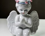 Vintage Porcelain Figurine glossy ANGEL white with blue Crown Pink Flowe... - $24.99