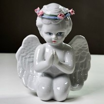 Vintage Porcelain Figurine glossy ANGEL white with blue Crown Pink Flowers 6&quot; - £19.54 GBP