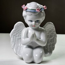 Vintage Porcelain Figurine glossy ANGEL white with blue Crown Pink Flowe... - £19.29 GBP