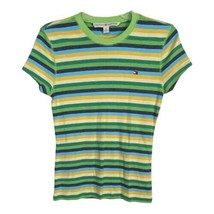 Tommy Hilfiger Womens Shirt Size Medium Blue Striped Short Sleeve Blouse - £18.20 GBP