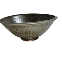 Vintage Signed Mideke Pottery Sgraffito Lotus Leaf Design 9.5&quot; Centerpiece Bowl - £219.91 GBP