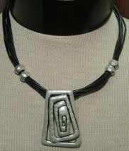 Pendant necklace 17.5-20&quot; on black cord unmarked possibly plated pewter ... - $9.89
