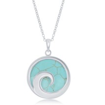 Sterling Silver Wave Design Round Turquoise Pendant W/Chain - £91.42 GBP