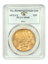 1872-CC $20 PCGS MS60 ex: D.L. Hansen/AWA - £96,679.61 GBP