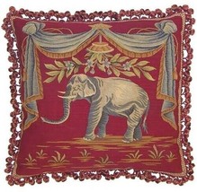 Aubusson Throw Pillow Red Elephant Handwoven Fabric 22x22 - £353.07 GBP