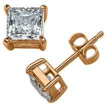 Princess Square Cut CZ Cubic Zirconia 14k Rose GP Sterling Silver Stud Earrings - £11.57 GBP+