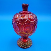 L E Smith Moon and Stars Amberina Red Yellow Covered Compote Candy Dish Glows - $29.69