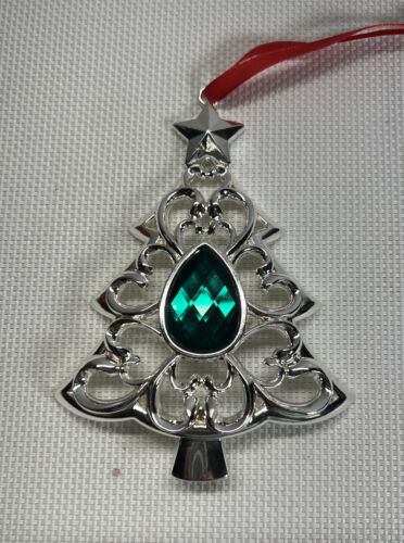 Lenox Silver Plated Bejeweled Christmas Tree Ornament with Green Gem - $10.99