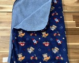 Just Born Blue Baby Blanket Raccoon Teddy Bear Rocket Car Scooter 30x38 - $31.34