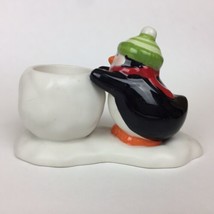 Hallmark Penguin Pushing Snowball Ceramic Tea Light Votive Candle Holder Used - $9.90