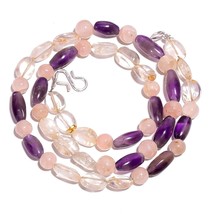 Natural Amethyst Rose Quartz Crystal Gemstone Smooth Beads Necklace 17&quot; UB-3038 - £7.81 GBP