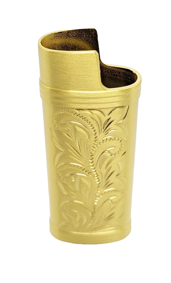 Golden Brushed Floral Design Heavy Metal Mini Bic Cigarette Lighter Case