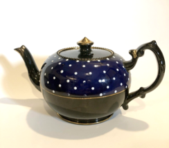 Vintage Teapot  Cobalt Blue, Jet Black, White Enameled Dots with Gold Accents - £14.67 GBP