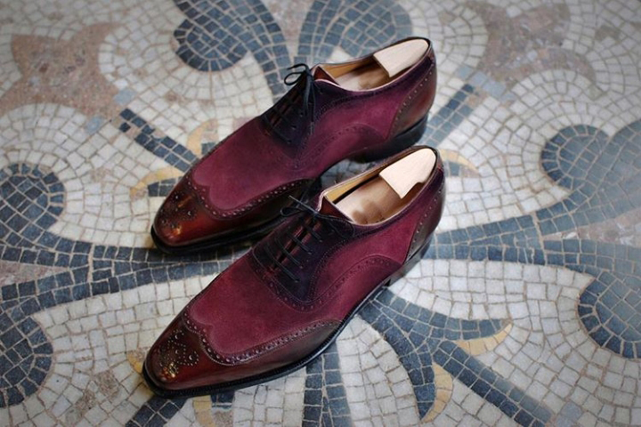 New Handmade Men's Burgundy leather suede shoes Dress stylish Wing Tip Lace Up s