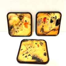 Vintage Korean Scenes 4 inch Square Drink Coasters Cork Backed Lot of 3 - $11.55