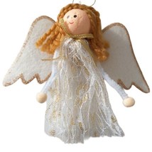 Vintage Folk Art Angel Ornament Christmas Hair Gold Lace Pipe Cleaner Arms Yarn - £13.28 GBP