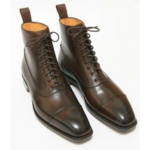 Men&#39;s Brown Burnished Cap Toe Genuine Leather High Ankle Lace Up Boots US 7-16 - £124.01 GBP