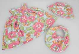 Baby Lulu 9m 3 Pc Dress Bib Reversible Sun Hat Outfit Set Lot Bundle Floral - $16.82
