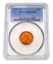 1957-D 1C Lincoln Cent Graded by PCGS as MS66RD - $78.70
