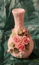 Vintage 1987 JOLIE FLEURS Bone China Seymour Mann White Vase Pink Rose Applique - £15.49 GBP