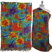 Tropical rayon sarong beach coverup tropical wrap skirt scarf fringed  64x44 - £17.40 GBP