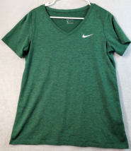 Nike T Shirt Top Women Size Medium Green 100% Polyester V Neck Logo Short Sleeve - £6.76 GBP