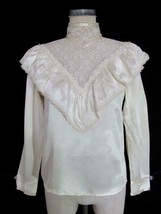 Vintage Gunne Sax Victorian Blouse 7 XS S Ivory Satin Ruffle Sheer Lace Pearls - £47.39 GBP