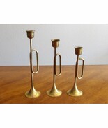 Set 3x Vintage Brass Horn Trumpet Candle Stick Holders 7, 8, 9&quot; Taper Gr... - $278.86 MXN