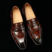 Handmade Men Burgundy Moccasin Crocodile Embossed Calfskin Leather Loafer Shoes - £102.84 GBP