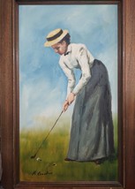 Vintage Oil Painting Signed H. Camedia, Victorian Sportswear Lady Playing Golf,  - £155.51 GBP