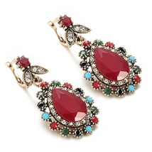 Luxury Ethnic Bride Earrings Vintage Jewelry Antique Gold Red Resin Crystal Wate - £9.76 GBP