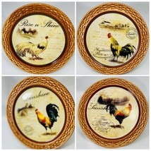 Alda's Rise N' Shine Set of 4 Decor Country Rooster Plates Basket Weave Rim 8" D - £30.95 GBP