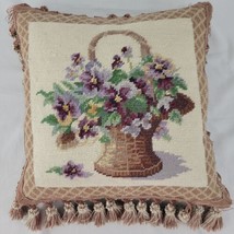 Spring Floral Needlepoint Pillow Tassel Basket Cottage Country Farmhouse 14&quot; - £34.20 GBP