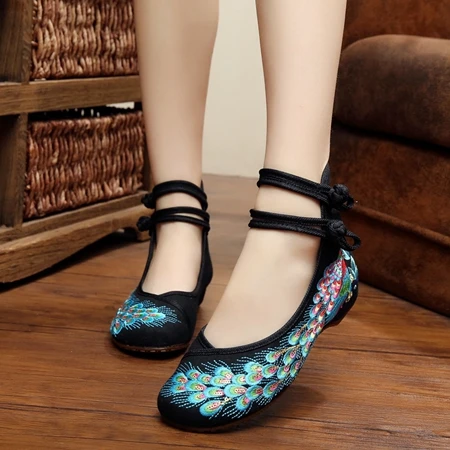 Veowalk Spring Handmade Woman Ballet Flats Sequined Peacock Embroidery Old Pe Ca - £122.59 GBP