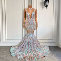 Sparkly Prom Dresses 2024 Champagne Mermaid Sleeveless Elegant Formal We... - $199.00