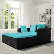 Patio Rattan Daybed Outdoor Thick Pillows Cushioned Sofa Furniture-Turquoise - £263.64 GBP